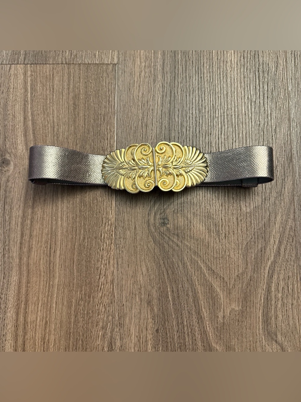 Vintage Metallic Gray alexis Kirk Belt with Gold Ornate Buckle